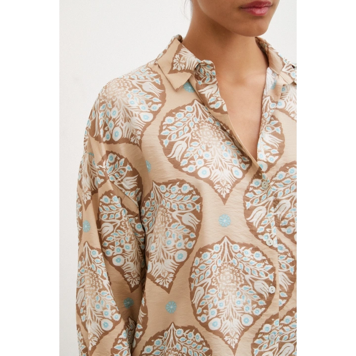 Çini Desenli Modal Gömlek Kahve