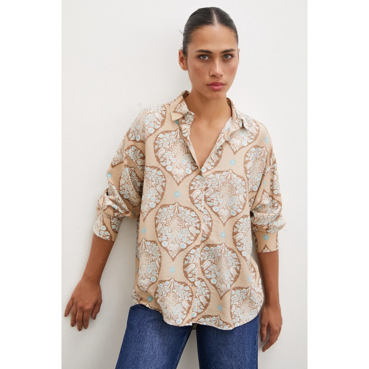 Çini Desenli Modal Gömlek Kahve