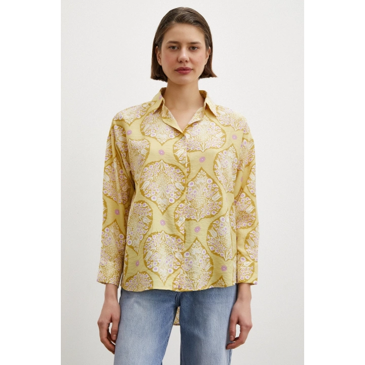 Çini Desenli Modal Gömlek Sarı