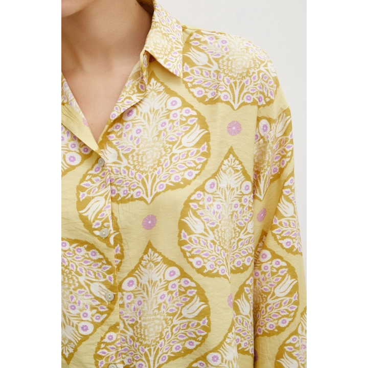 Çini Desenli Modal Gömlek Sarı