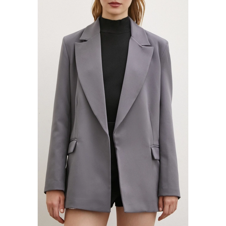 Çizgi Astarlı Cep Kapaklı Blazer Ceket Gri