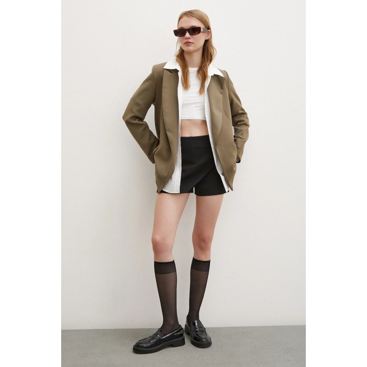 Çizgi Astarlı Cep Kapaklı Blazer Ceket Haki