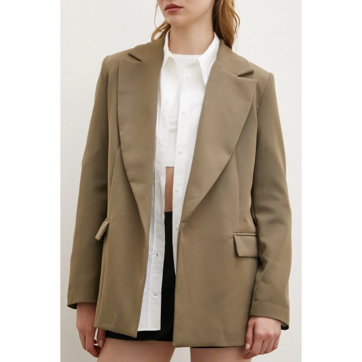 Çizgi Astarlı Cep Kapaklı Blazer Ceket Haki