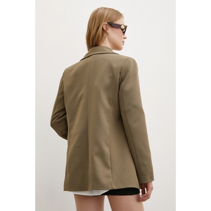 Çizgi Astarlı Cep Kapaklı Blazer Ceket Haki