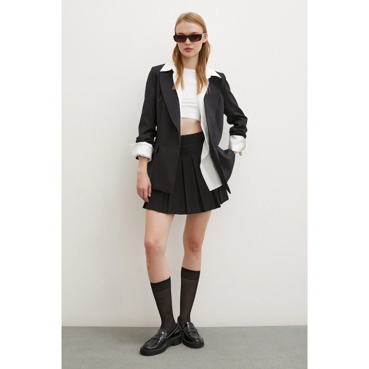 Çizgi Astarlı Cep Kapaklı Blazer Ceket Siyah