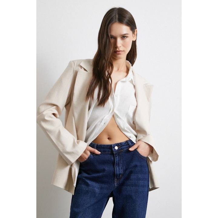 Çizgi Astarlı Dökümlü Blazer Ceket Bej