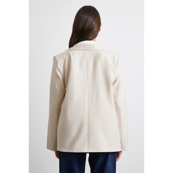 Çizgi Astarlı Dökümlü Blazer Ceket Bej