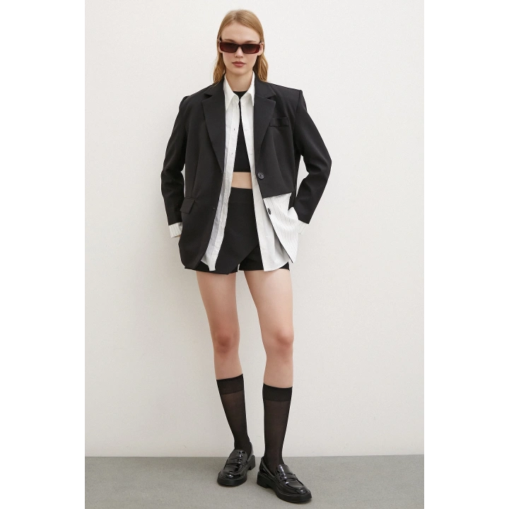 Çizgi Detaylı Çift Düğmeli Blazer Ceket Beyaz