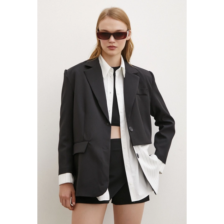 Çizgi Detaylı Çift Düğmeli Blazer Ceket Beyaz