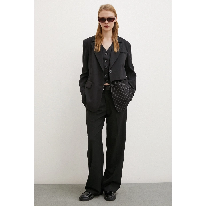 Çizgi Detaylı Çift Düğmeli Blazer Ceket Siyah