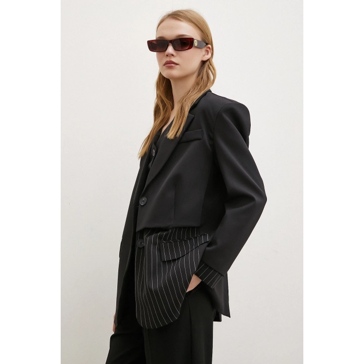 Çizgi Detaylı Çift Düğmeli Blazer Ceket Siyah