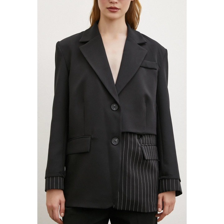 Çizgi Detaylı Çift Düğmeli Blazer Ceket Siyah