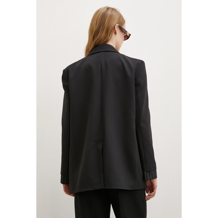 Çizgi Detaylı Çift Düğmeli Blazer Ceket Siyah