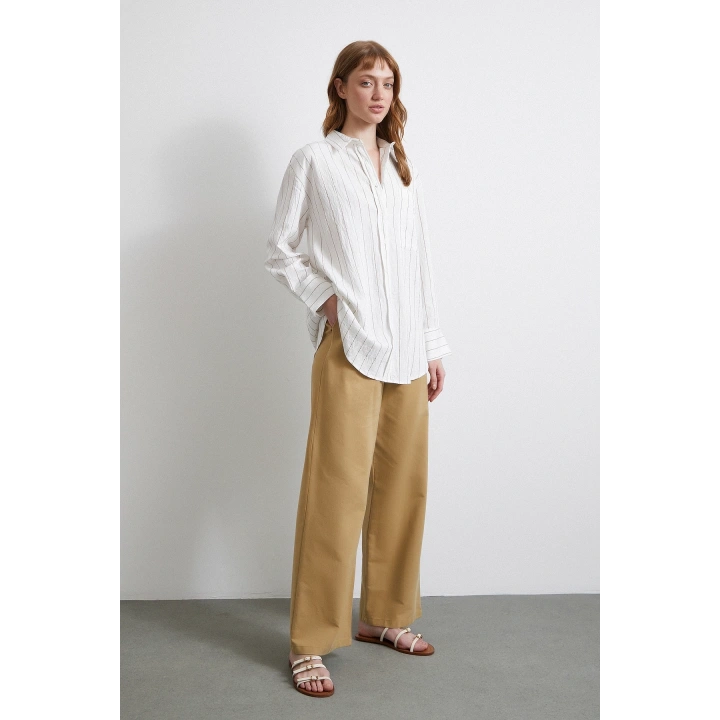 Çizgili Cepli Gömlek Bej