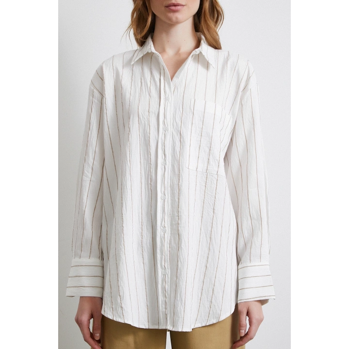 Çizgili Cepli Gömlek Bej