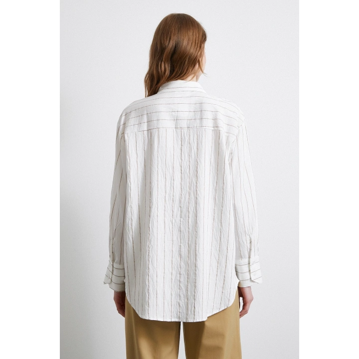 Çizgili Cepli Gömlek Bej