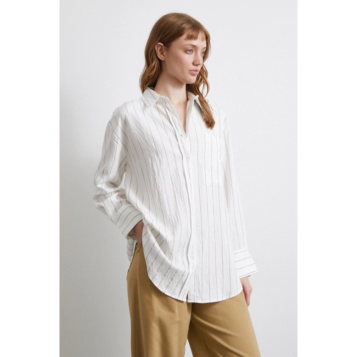 Çizgili Cepli Gömlek Bej