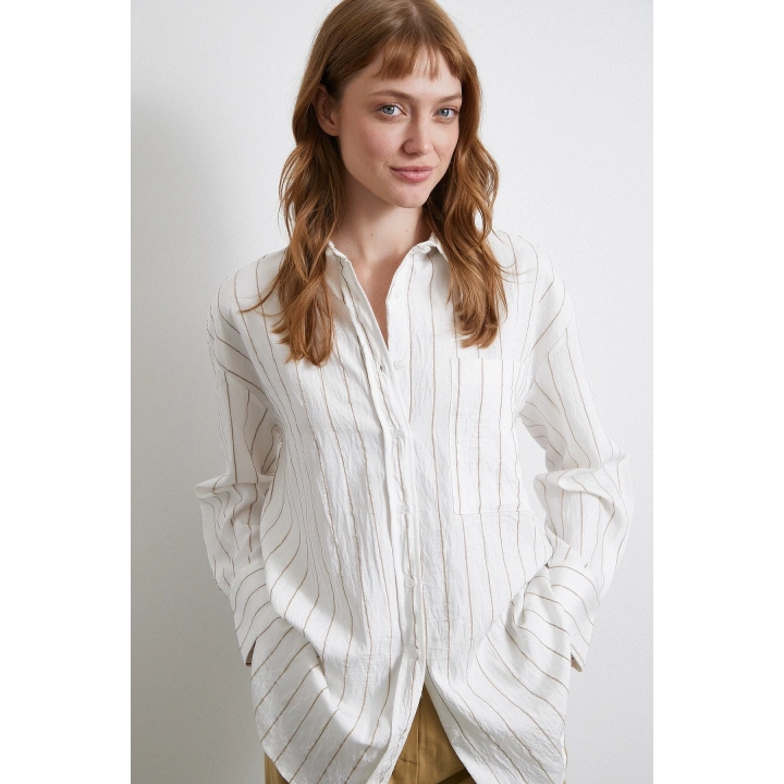 Çizgili Cepli Gömlek Bej