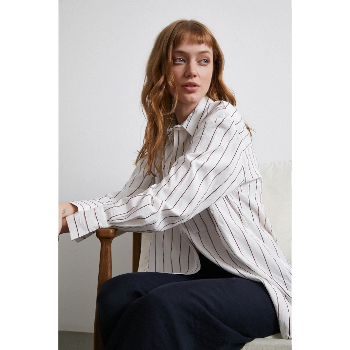 Çizgili Cepli Gömlek Bordo