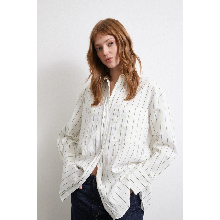 Çizgili Cepli Gömlek Haki