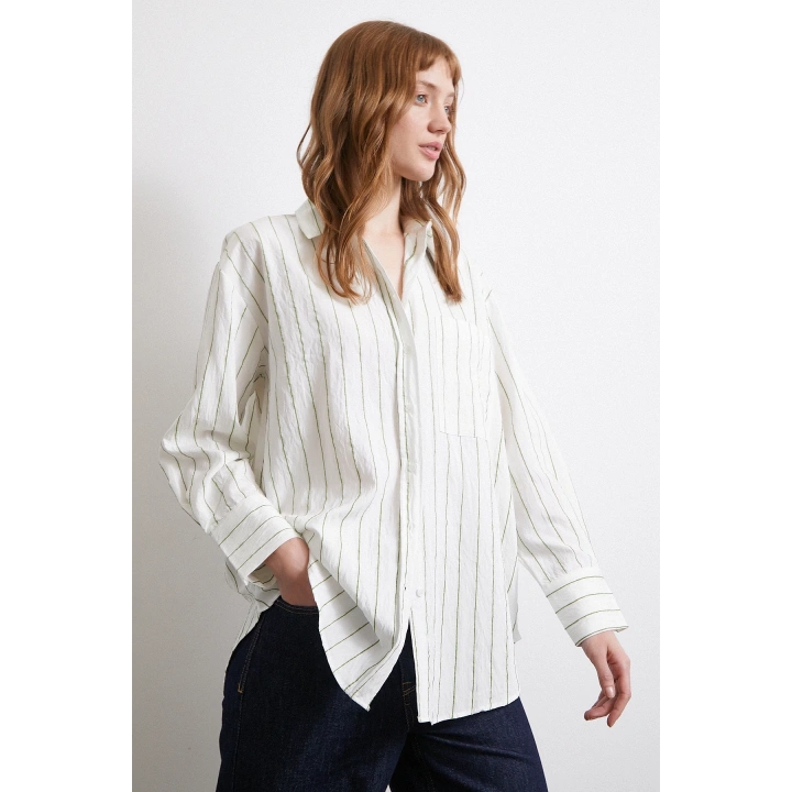 Çizgili Cepli Gömlek Haki