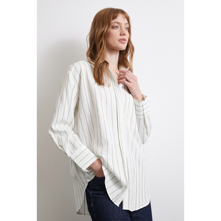 Çizgili Cepli Gömlek Haki