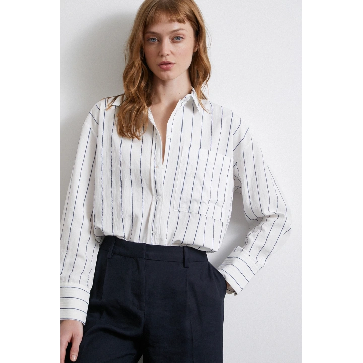 Çizgili Cepli Gömlek İndigo