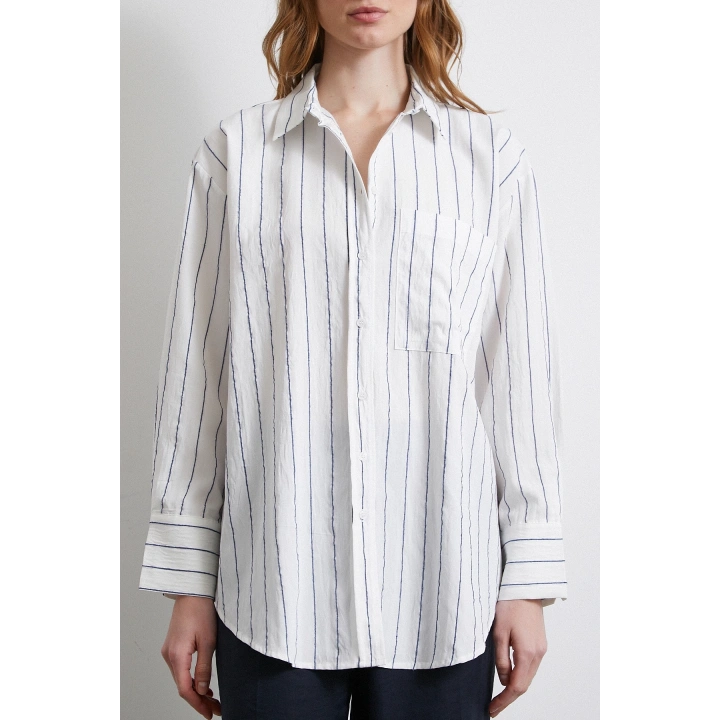 Çizgili Cepli Gömlek İndigo