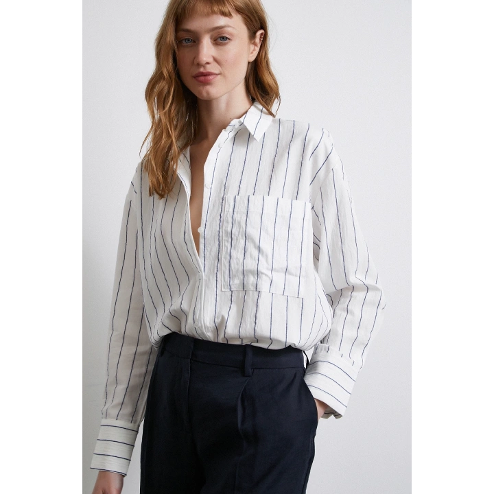 Çizgili Cepli Gömlek İndigo