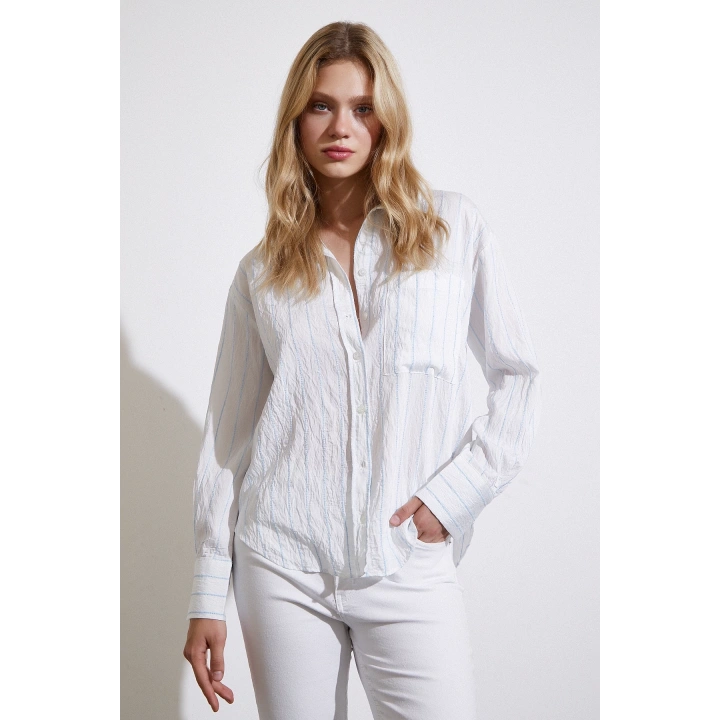 Çizgili Cepli Gömlek Mavi