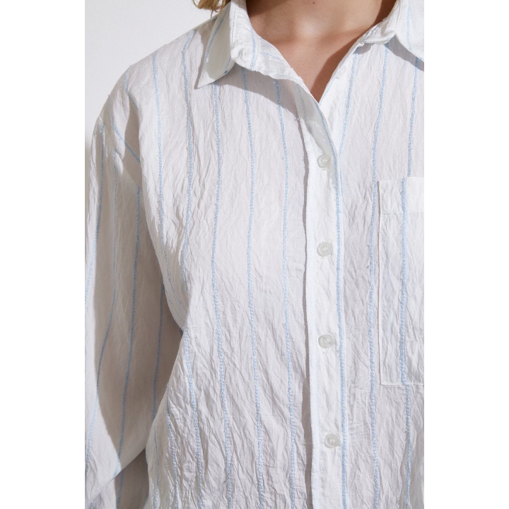 Çizgili Cepli Gömlek Mavi