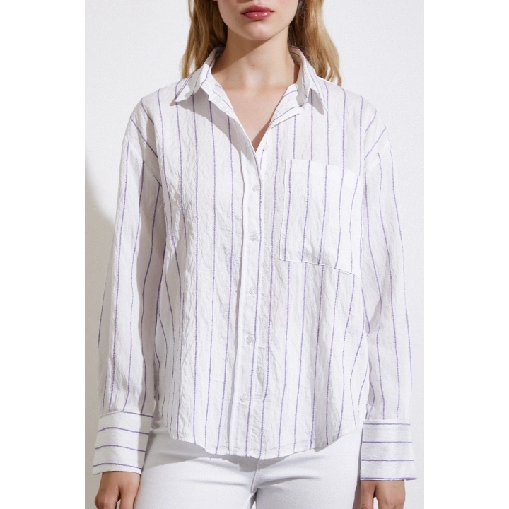 Çizgili Cepli Gömlek Mor