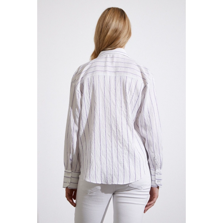 Çizgili Cepli Gömlek Mor