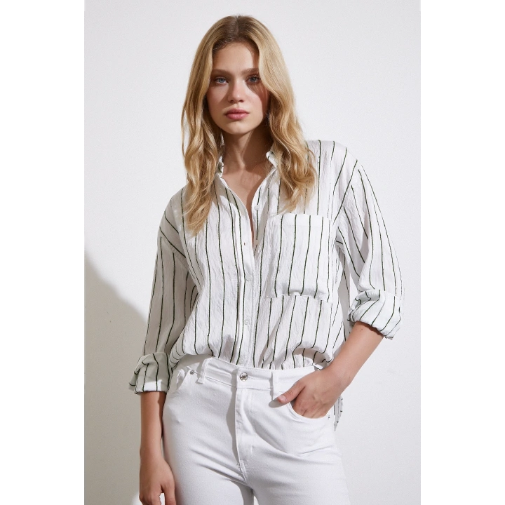 Çizgili Cepli Gömlek Yeşil