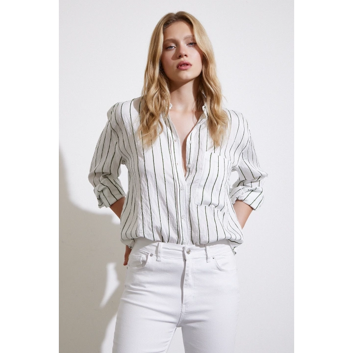 Çizgili Cepli Gömlek Yeşil