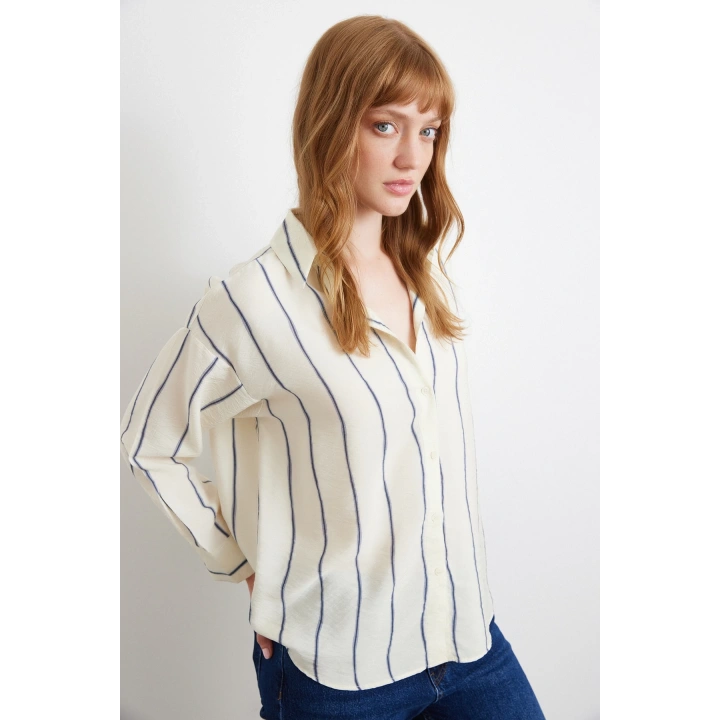 Çizgili Modal Gömlek İndigo