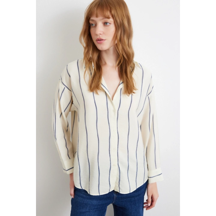 Çizgili Modal Gömlek İndigo