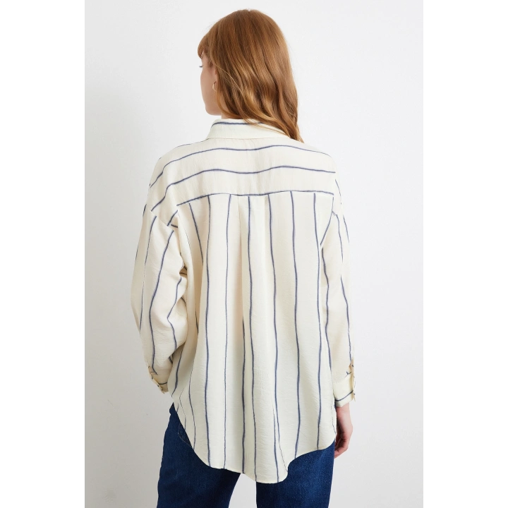 Çizgili Modal Gömlek İndigo