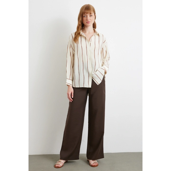 Çizgili Modal Gömlek Kahve