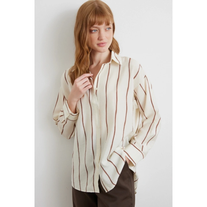 Çizgili Modal Gömlek Kahve