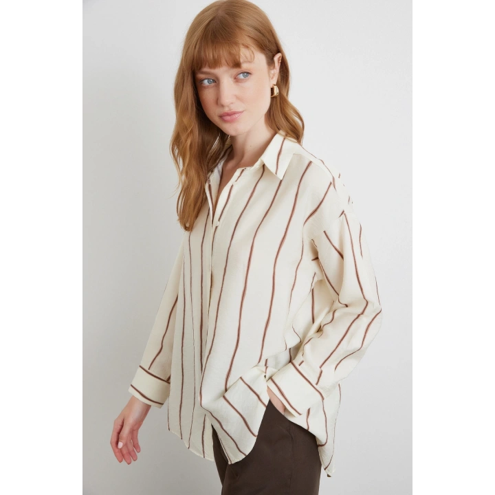 Çizgili Modal Gömlek Kahve