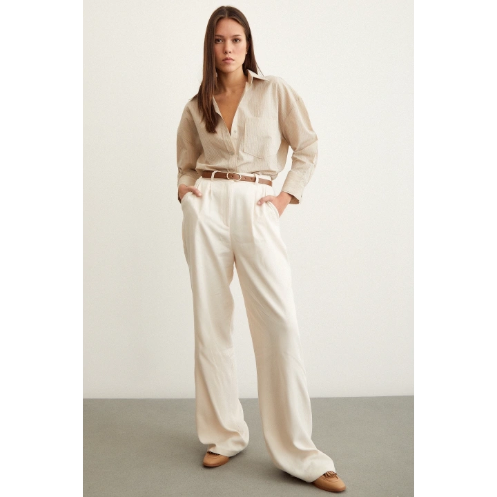 Çizgili Oversize Gömlek Bej