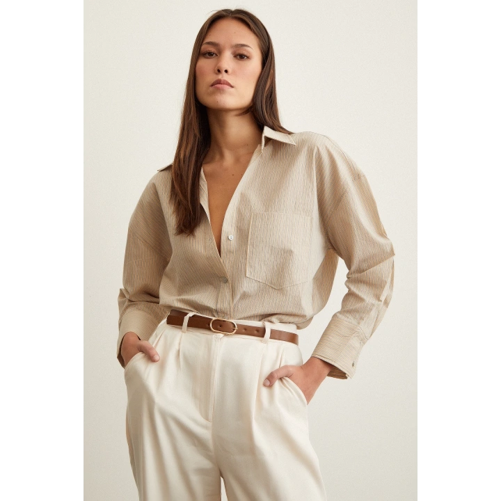 Çizgili Oversize Gömlek Bej