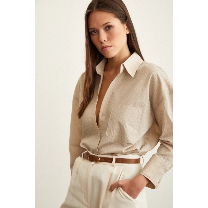 Çizgili Oversize Gömlek Bej