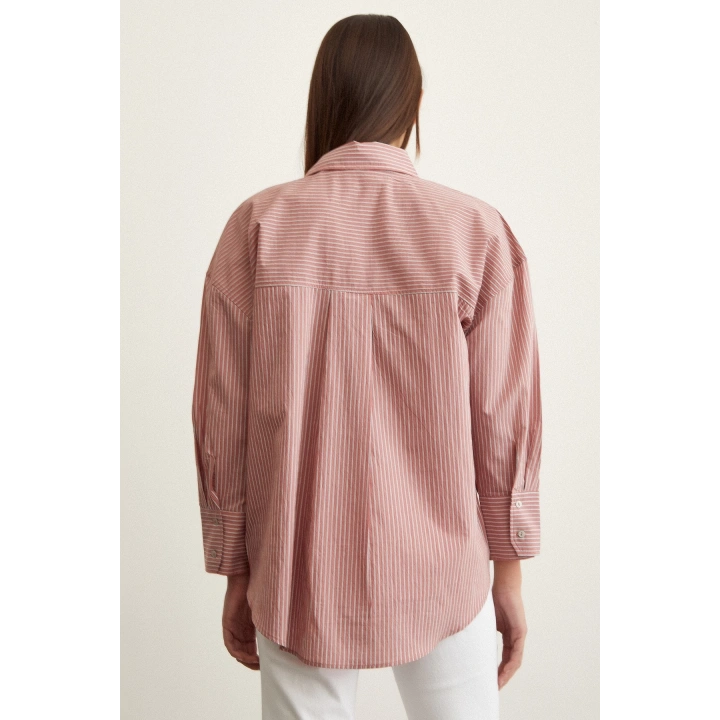 Çizgili Oversize Gömlek Gül Kurusu