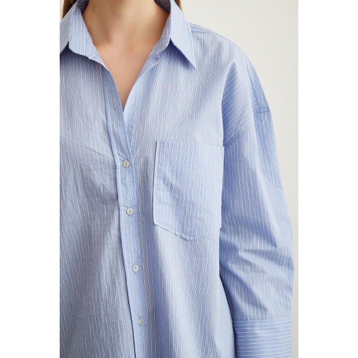 Çizgili Oversize Gömlek Mavi