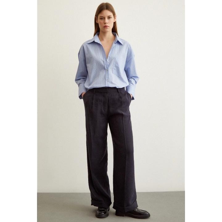 Çizgili Oversize Gömlek Mavi