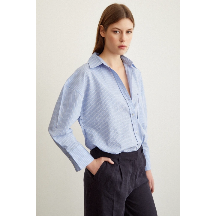 Çizgili Oversize Gömlek Mavi