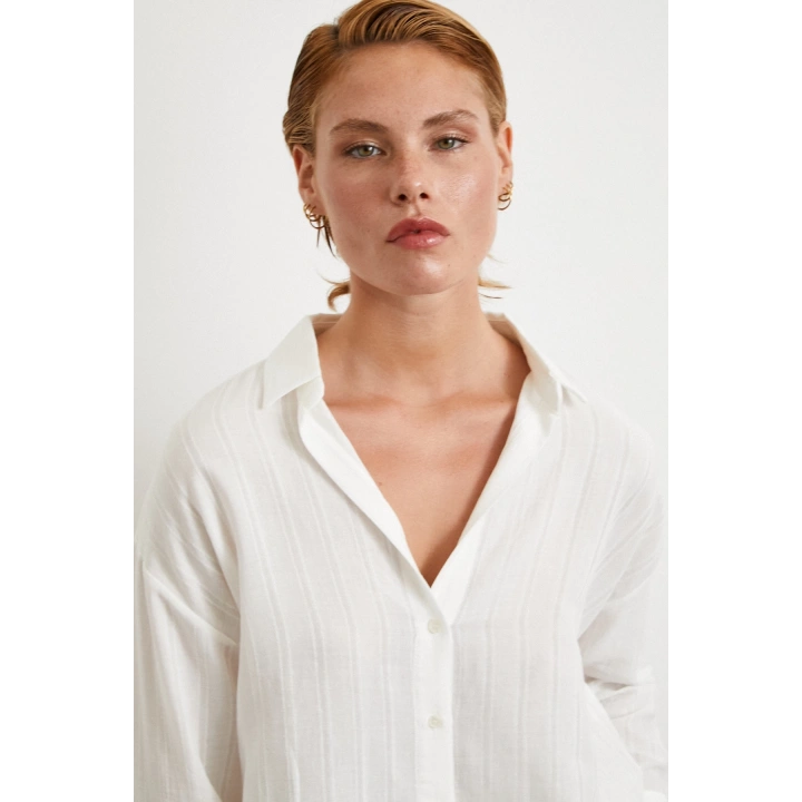 Çizgili Pamuk Gömlek Beyaz