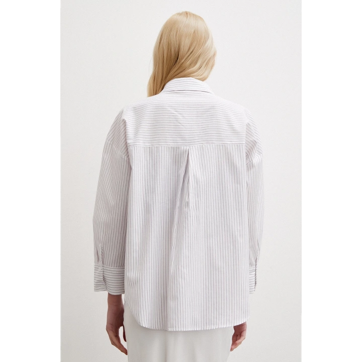 Çizgili Pamuklu Gömlek Ekru
